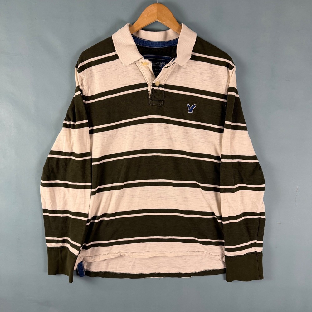 Vintage Y2K American Eagle Men's L Green Striped Cotton Long Sleeve Rugby Polo